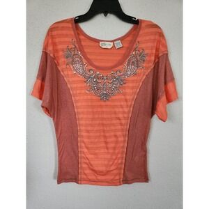 Miss Me Short‎ Sleeve Orange Shirt Rhinestone Neck Womens XS Relaxed